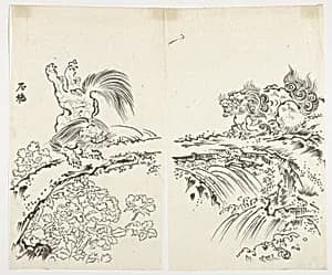 Lions Dancing Among Peonies on Stone Bridge by Unidentified