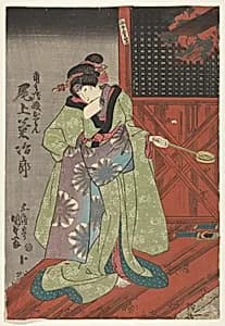 Woman in green kimono by Anonymous