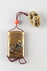 Case (Inrō) with Design of God of Longevity (Jurōjin) and a Small Boy with a Tortoise (obverse); Pine Tree by Stream (reverse) by Kakōsai