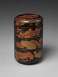 Cylindrical Stack of Food Boxes with Decoration of Autumn Fruits by Unknown Artist