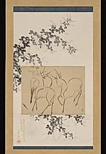 Preliminary Drawing of Three Deer Mounted on a Hanging-scroll Painting of Flowering Bush Clover by Suzuki Kiitsu|Ogata Kōrin