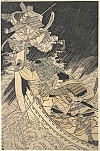 Minamoto Yoshitsune and His Retainer, the Monk Benkei, Putting to Flight the Ghost of Taira no Tomomori by Kuwagata Keisai