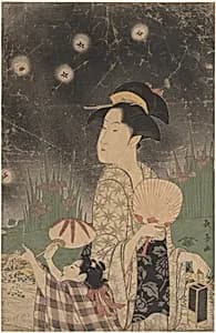 Woman and Child Catching Fireflies by Eishōsai Chōki