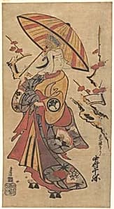 Actor Nakamura Senya as Tokonatsu in the Kabuki Play, "The Legacy of the Three-Comma Family Crest Revealed" (Mitsutomoe Katoku Binaki) by Torii Kiyomasu I
