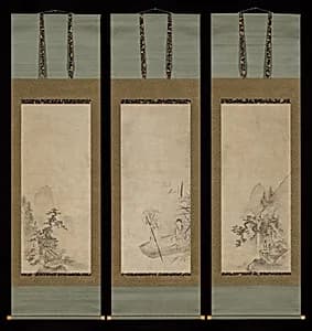 Chinese Woman in a Boat and Figures in Landscapes by Kano Kōi
