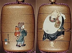 Case (Inrō) with Design of Hotei (Putai) Carrying a Small Boy (obverse); Boy Carrying Gourd-Flask (reverse) by Tokoku Fuzui|Hanabusa Itchō