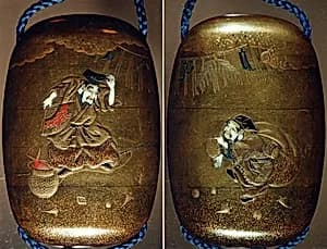 Case (Inrō) with Design of Ebisu and Daikoku Dancing beneath New Year's Decorations by Nikkōsai|Hanabusa Itchō