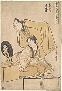 Two actors, from the series Musical Program of True Love (Ongyoku hiyoku no bangumi) 音曲比翼の番組 by Okimura Toshinobu
