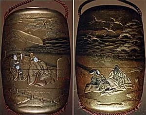 Case (Inrō) with Design of Minamoto no Yoritomo and Courtiers Watching Released Cranes Fly Away at Akanumagahara by Unknown Artist