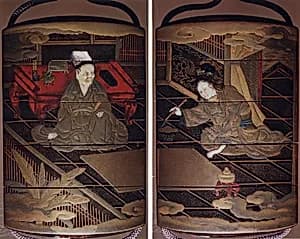 Case (Inrō) with Design of Chinese Scholar Seated at Low Desk (obverse); Lady Using Brush (reverse) by Hasensai Senjin
