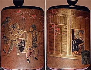 Case (Inrō) with Design of a Teahouse (obverse) Three Travelers En Route (reverse) by Yamada Jōkasai (1681–1704)