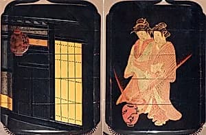 Case (Inrō) with Painting of Courtesan at Night (obverse); House Gate (reverse) by Shibata Zeshin