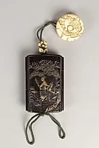 Case (Inrō) with Design of Ōni (Demon) Standing Behind Cloak of Arhat (obverse); Fly Whisk (Hossu) beneath Pine Tree (reverse) by Tokoku