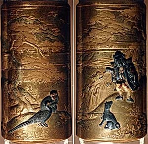 Case (Inrō) with Design of Momotarō and Dog on the way to the Island of the Devils (obverse); Monkey with Pheasant (reverse) by Kogyoku Tokayo