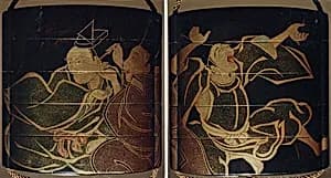 Case (Inrō) with Design of Courtier Cleaning Another's Ear (obverse); Courtier Laughing (reverse) by Kajikawa Hidetaka
