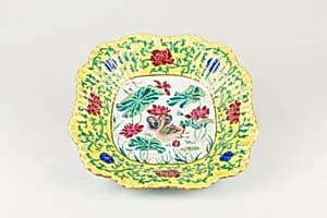 Foliated square dish with madarin ducks in lotus pond by Unknown Artist