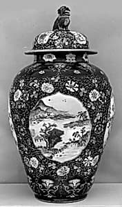 Covered jar with landscape and flowers by Unknown Artist