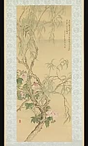 Small Birds on a Willow Branch and Hibiscus Blossoms by Tsubaki Chinzan