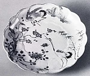 Lobed Dish with Molded Chrysanthemum Design and Decoration of Crane, Bamboo, Plum and Pine by Unknown Artist
