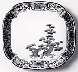 Square-Lobed Dish with Decoration of Old Pine Trees by Unknown Artist