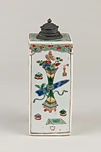 Square vase with archaisitic vessels and flowers by Unknown Artist