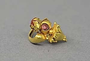 Pair of Ear Clips with Pale Red Stones and Granulate Design by Unknown Artist