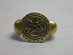 Ring with Circular Bezel with Inscribed Fish Motif and "Sri" by Unknown Artist