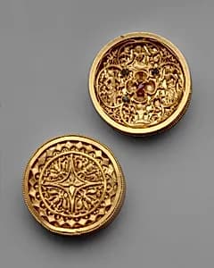 Pair of Earplugs Ornamented with Figures and Inlaid Stones by Unknown Artist