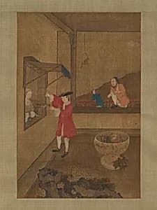 European Couple and Child Playing with Parrot by Unidentified artist