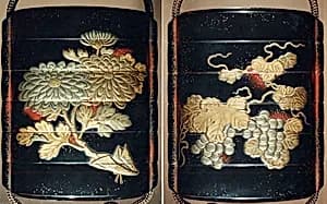 Case (Inrō) with Design of Leafy Grapevines (obverse); Chrysanthemum Spray (reverse) by Unknown Artist