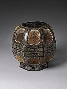 Octagonal food box with Chinese immortals and floral design by Unknown Artist
