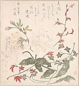 Lily, Violets, Cherry Blossoms, Forsythia, and a Branch of Red Maple by Unidentified artist