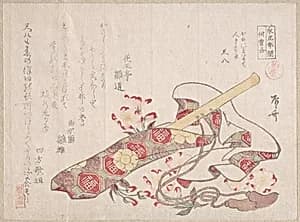 Shakuhachi, (a kind of bamboo flute), with Its Cover and Cherry Flowers by Ryūryūkyo Shinsai