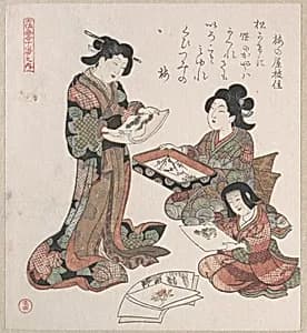 Two Women and a Girl Looking at Paintings by Kubo Shunman