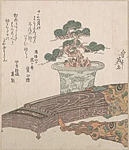 Potted Pine Tree and Koto (Japanese Harp) by Keisai Eisen