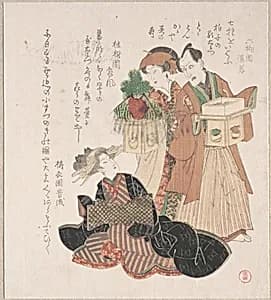 Actor Nakamura Utayemon with Two Women Preparing for the New Year Ceremony by Utagawa Toyokuni I