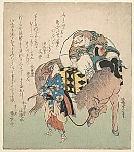 The God of Good Fortune Daikoku, on Horseback, Being Led by an Ohara Maiden by Hokkyō Kōitsu