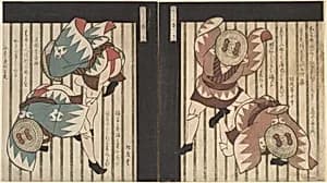 Two Men Wearing Green Coats, also Straw Hats with Brown Bows by Yashima Gakutei