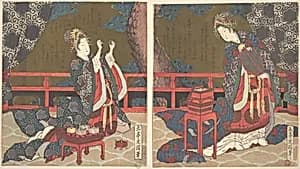 Two Ladies on a Verandah, One with Fan, the Other Threading a Needle by Yashima Gakutei