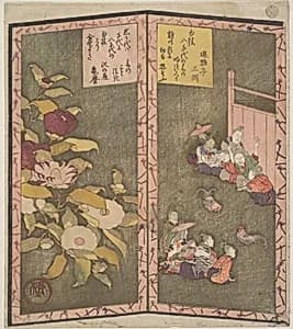Camellia Flowers (left); People Watching a Cockfight (right) by Ryūryūkyo Shinsai