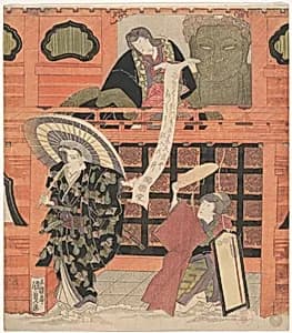 Ichikawa Danjuro VII as Konoshita Tokichi, Nakamura Daikichi as His Wife, and Iwai Hanshiro V as Masago in the Play Yakko Yakko Edo no Hanayari by Utagawa Kunisada