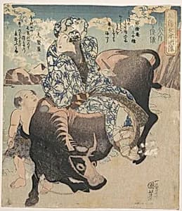 Roshungi (Chinese, Lu Zhunyi) as a Woman with a Pipe Riding on a Buffalo by Utagawa Kuniyoshi