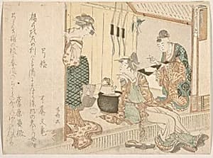 Two Young Ladies Having Tea Attended by Elderly Servant by Ryūryūkyo Shinsai