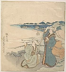 Two Young Ladies at Shore; One Pointing by Katsushika Hokusai