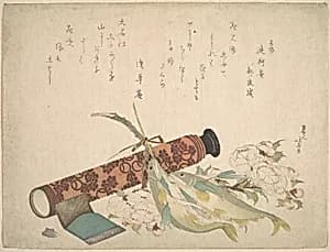 Still Life: Double Cherry-Blossom Branch, Telescope, Sweet Fish, and Tissue Case by Katsushika Hokusai