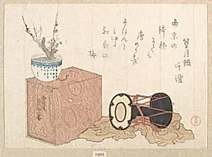 Still life: a drum and a bookcase for the Noh Dance by Kubo Shunman