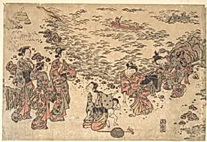 Women and a Small Boy Gathering Shells on a Beach by the Sea by Ishikawa Toyonobu