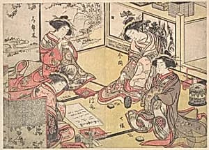 Four Oiran of the House Called Kadokana-ya Playing the Game of Ko-awase (Incense Game) by Katsukawa Shunshō　勝川春章