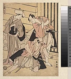 Scene from the Third Act of Chushingura between Okaru, Kanbei, and Bannai by Eishōsai Chōki