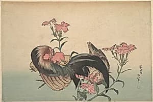 Cock, Hen, and Nadeshiko (Dianthus Superbus) by Katsushika Hokusai